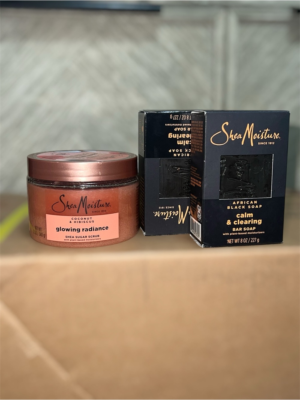 Shea Moisture pink  coconut hisbiscus sugar scrub and black bar soap set
